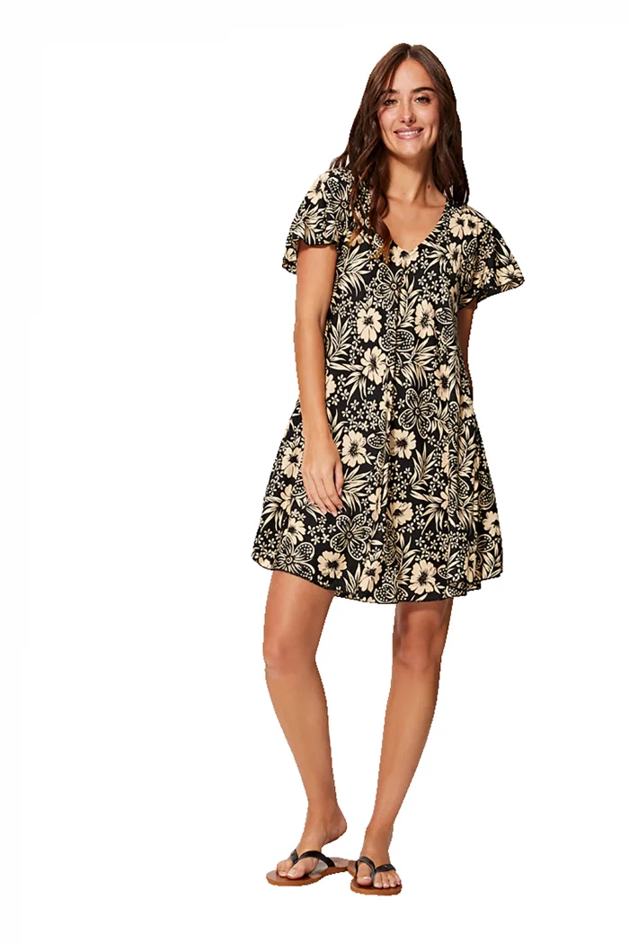 Petite Robe ample noire et crème à manches courtes - RLIP2000G – Image 1