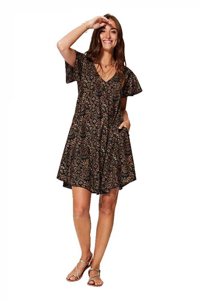 Petite Robe ample noire et or à manches courtes - RLIP2000E – Image 1