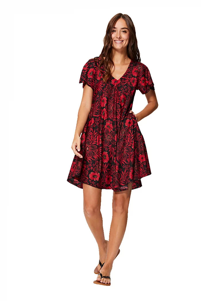 Petite Robe ample noire et rouge à manches courtes - RLIP2000D – Image 1