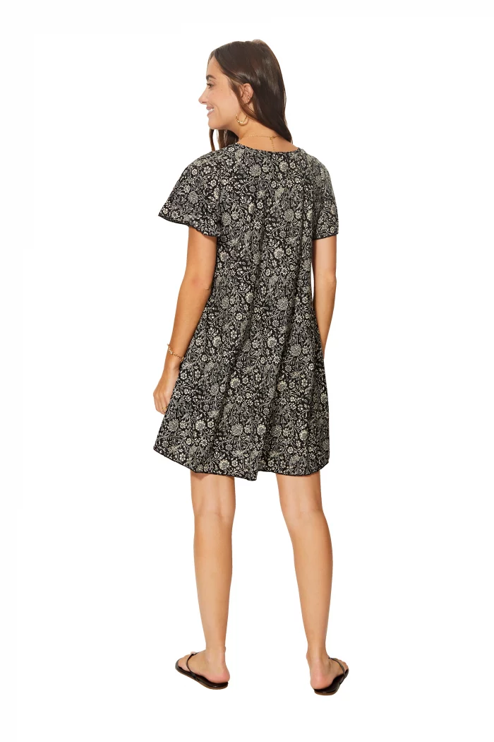 Robe courte ample Noire à motifs fleuris crème - RLIP0288H – Image 2