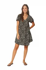 Robe courte ample Noire à motifs fleuris crème - RLIP0288H