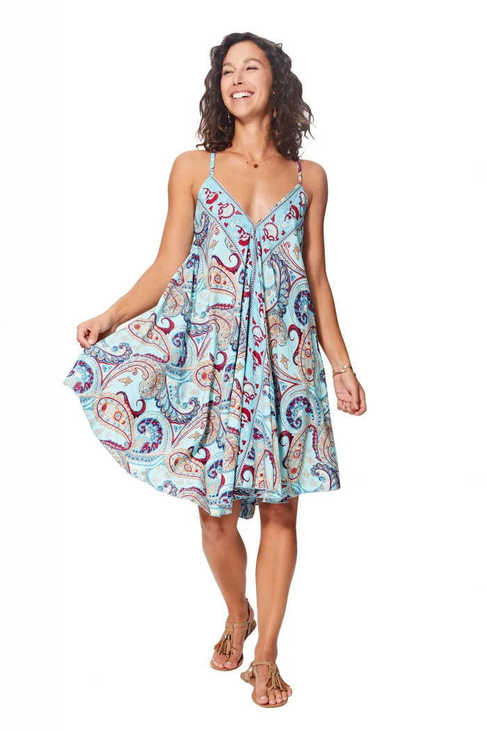 Robe courte ample turquoise à bretelles croisées - RLIP3029B – Image 1