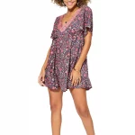 Robe courte ample Bleu nuit à motifs fleuris roses - RLIP0289C