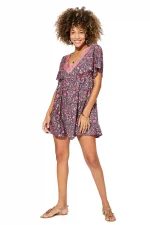 Robe courte ample Bleu nuit à motifs fleuris roses - RLIP0289C