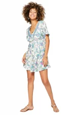 Robe courte ample Blanche à motifs fleuris bleus et roses - RLIP0289A