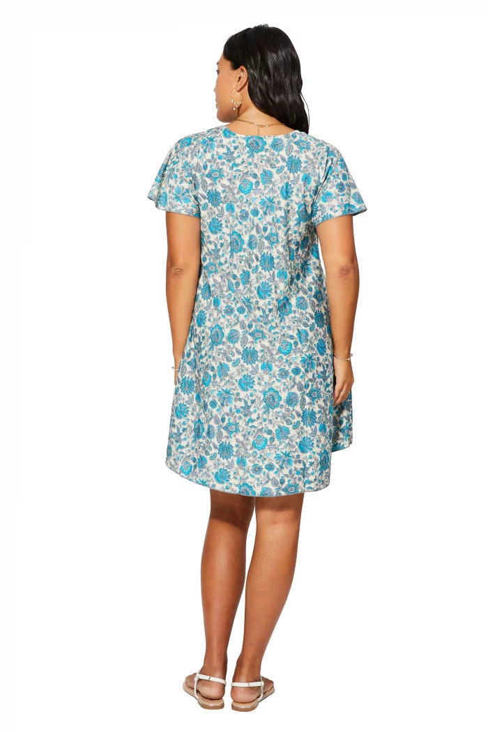 Robe courte ample Blanche à motifs fleuris bleus - RLIP0288B – Image 2