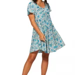 Robe courte ample Blanche à motifs fleuris bleus - RLIP0288B