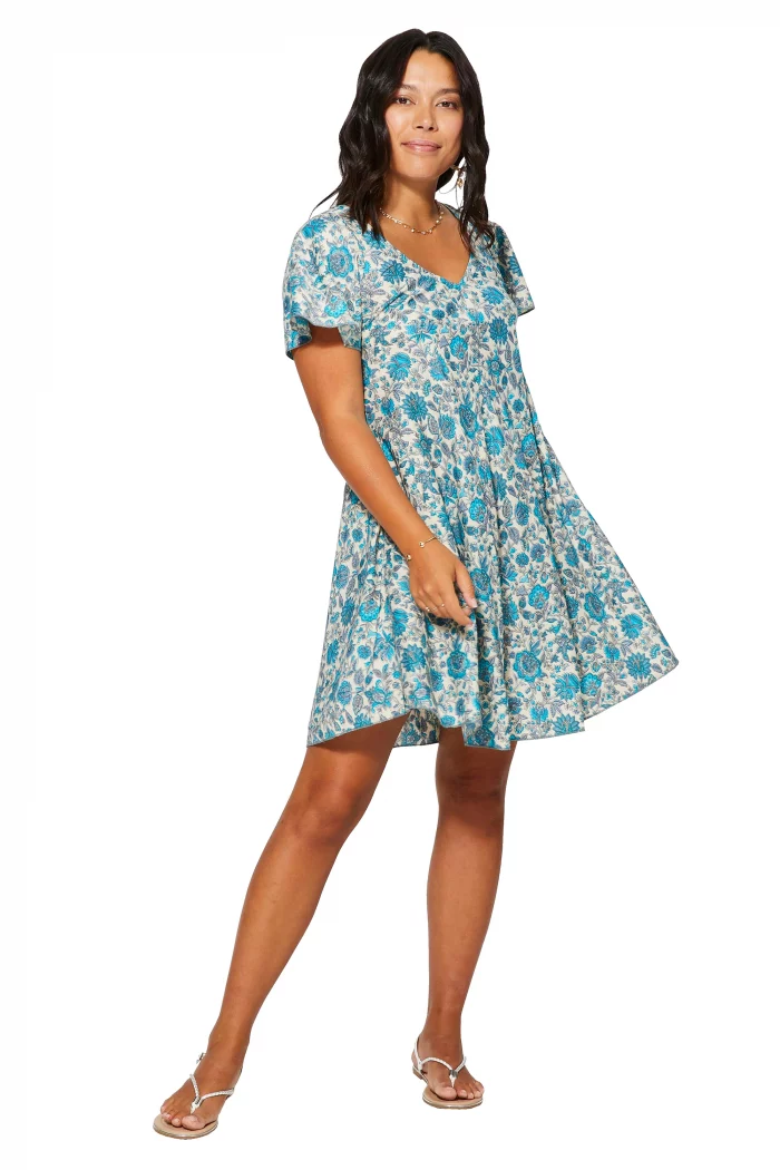 Robe courte ample Blanche à motifs fleuris bleus - RLIP0288B – Image 1