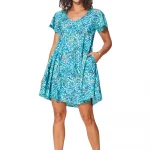 Robe courte ample bohème Bleu à motifs fleuris - RLIP0288C