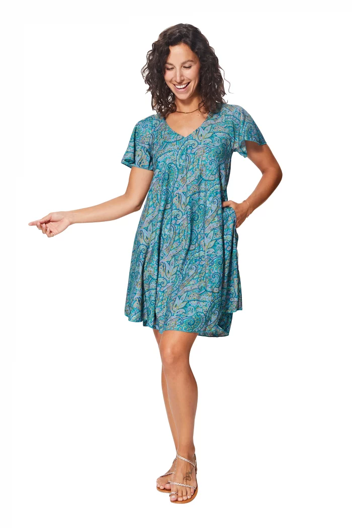 Robe courte ample bohème Bleue à motifs ethniques - RLIP0288A – Image 1