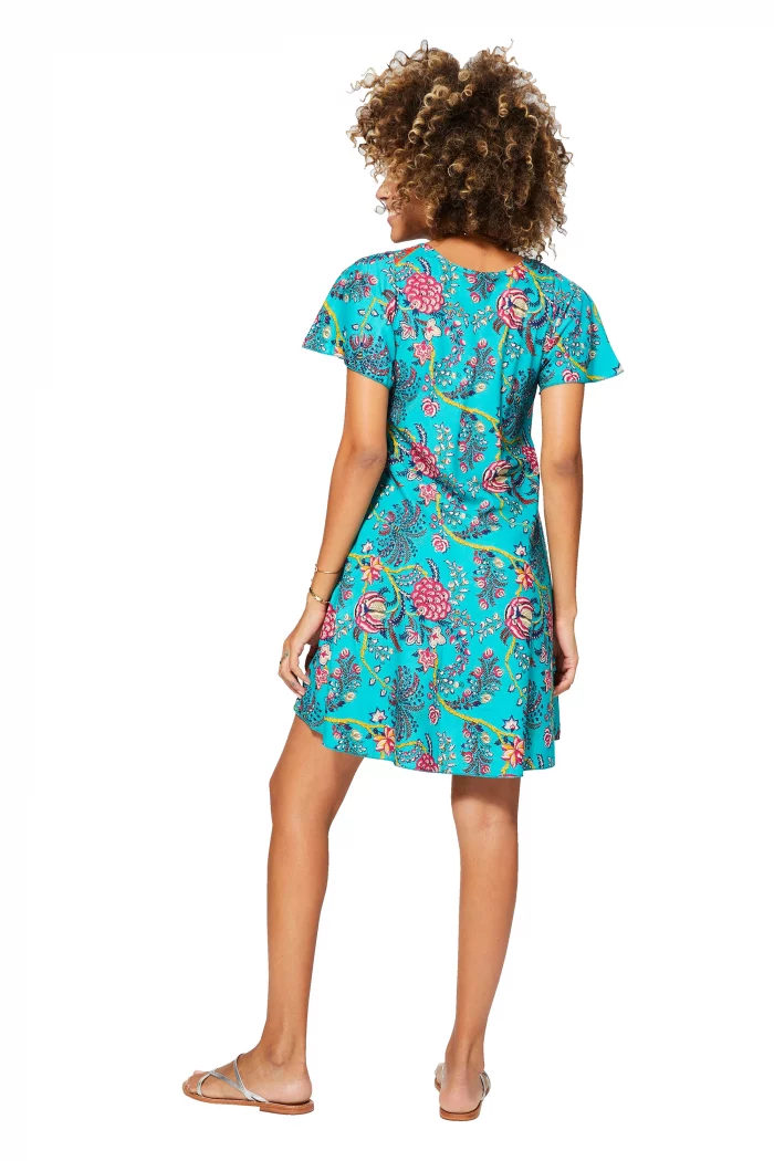 Robe courte ample Turquoise à motifs fleuris - RLIP0288G – Image 2