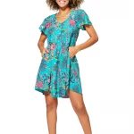 Robe courte ample Turquoise à motifs fleuris - RLIP0288G