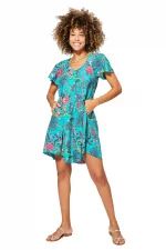 Robe courte ample Turquoise à motifs fleuris - RLIP0288G