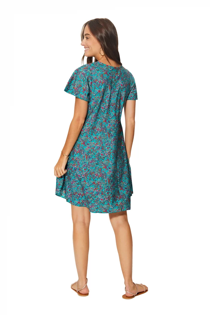 Robe courte ample Turquoise à motifs à fleurs - RLIP0288E – Image 2