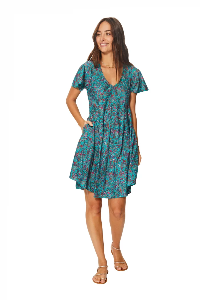 Robe courte ample Turquoise à motifs à fleurs - RLIP0288E – Image 1