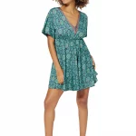 Robe courte ample Vert turquoise à motifs fleuris - RLIP0289B