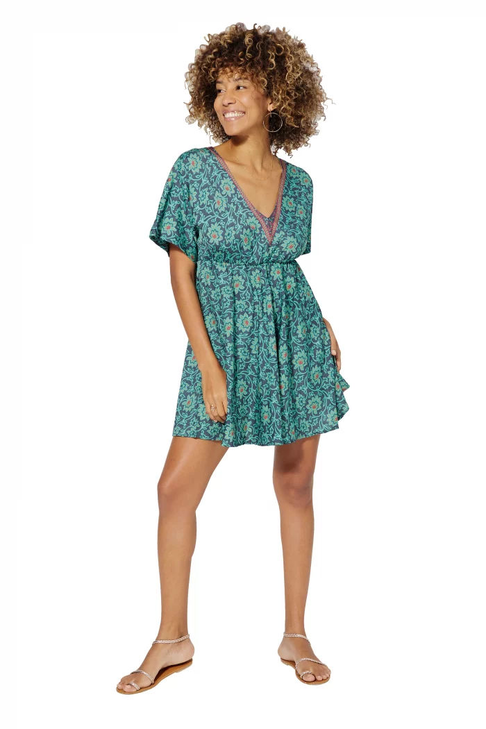 Robe courte ample Vert turquoise à motifs fleuris - RLIP0289B – Image 1