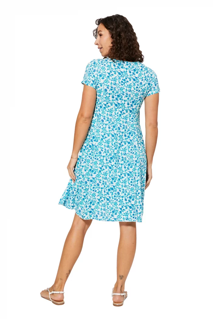 Robe courte évasée Blanche à fleurs bleues - RLIPV0016B – Image 2