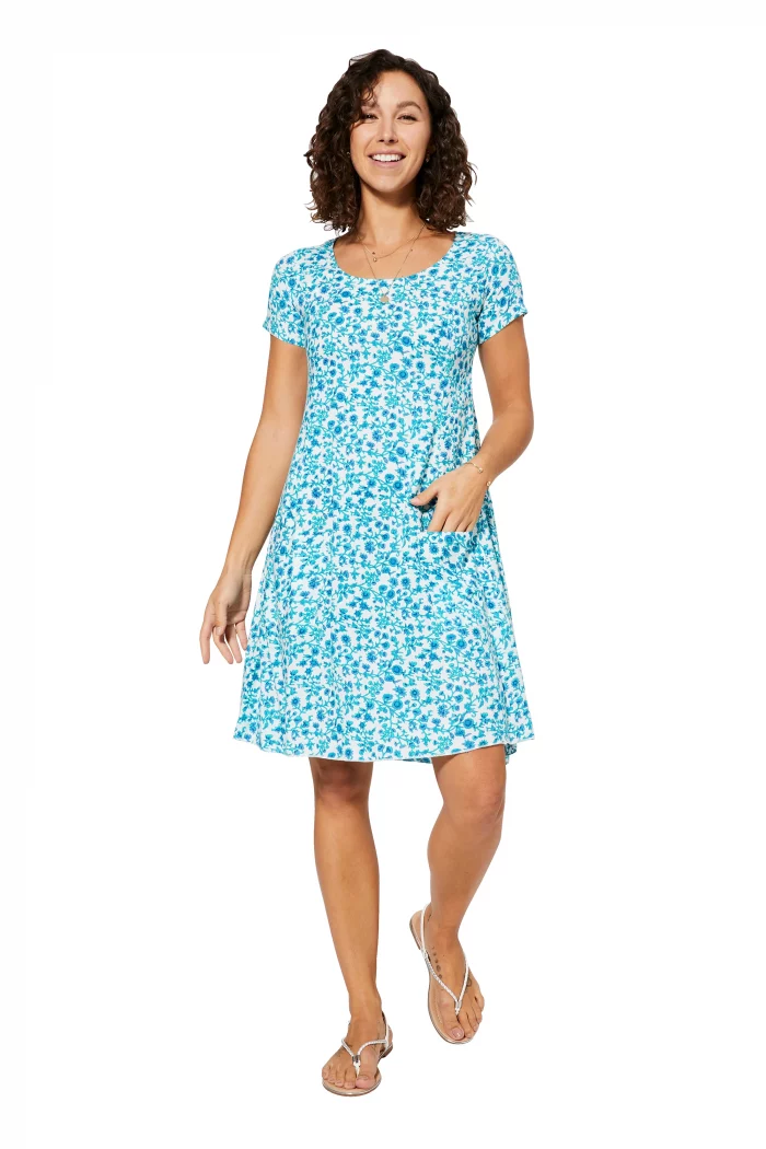 Robe courte évasée Blanche à fleurs bleues - RLIPV0016B – Image 1