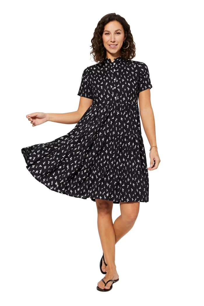Robe col mao Noire à fleurs blanches - RLIPV0019B – Image 1