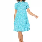 Robe col mao Bleue à fleurs blanches - RLIPV0019A