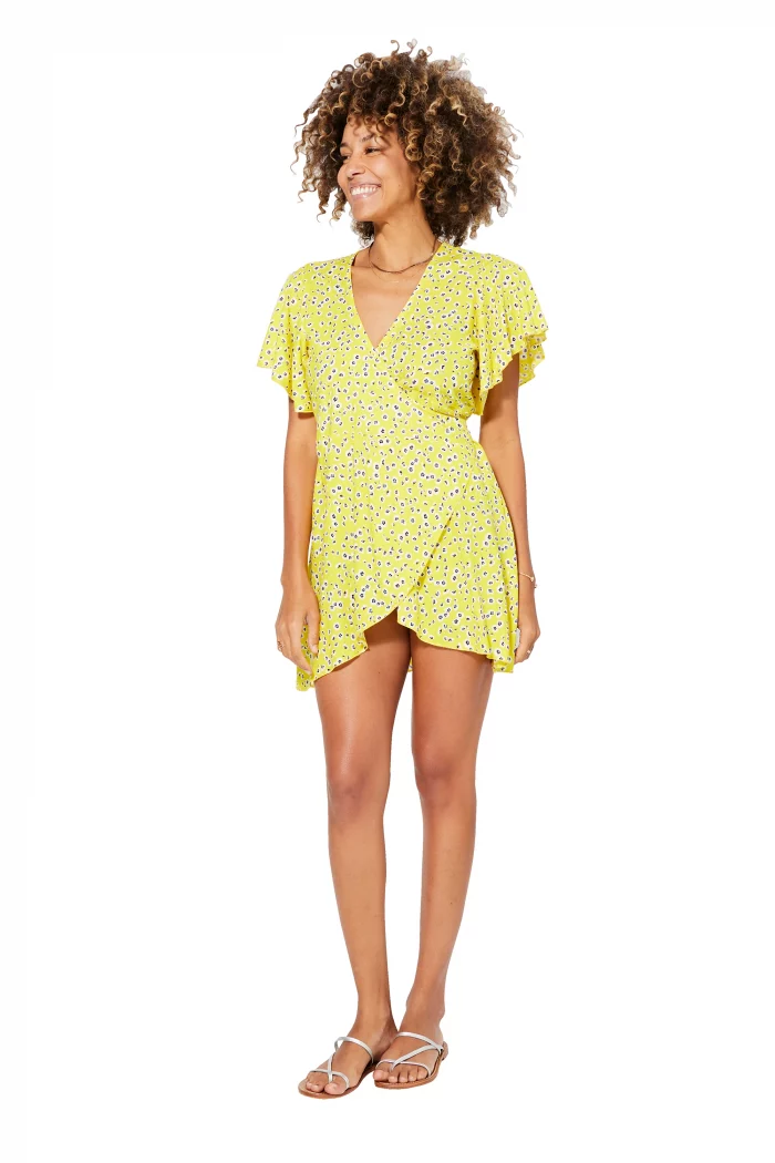 Robe courte bohème Jaune à fleurs blanches - RLIPV0020A – Image 1