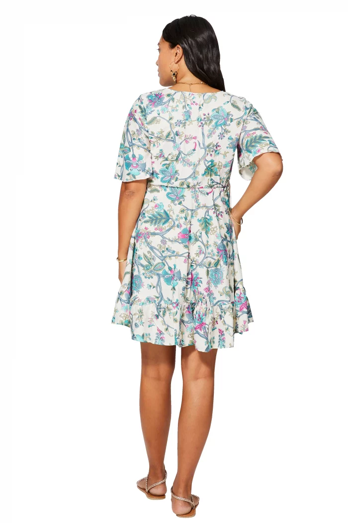 Robe courte bohème Blanche à motifs bleus et roses- RLIP0292A – Image 2