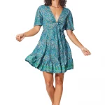 Robe courte bohème bleue à motifs - RLIP0292B