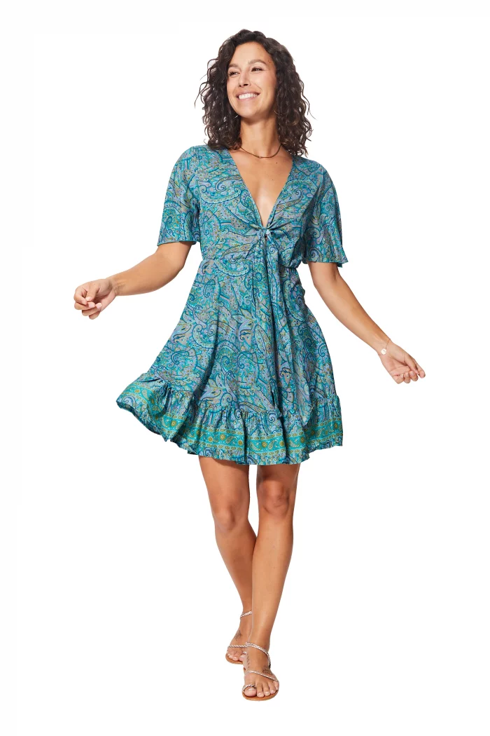 Robe courte bohème bleue à motifs - RLIP0292B – Image 1