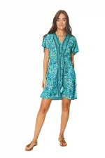 Robe courte fluide Bleue turquoise à dos ouvert - RLIP0290B