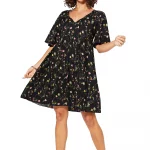 Robe bohème courte ample Noire fleurie - RLIPV0018B