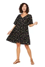 Robe bohème courte ample Noire fleurie - RLIPV0018B