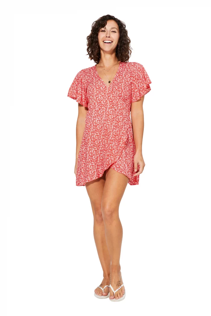 Robe courte bohème Rouge à fleurs blanches - RLIPV0020B – Image 1