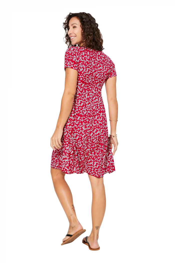 Robe courte évasée Rouge à fleurs blanches - RLIPV0016A – Image 2