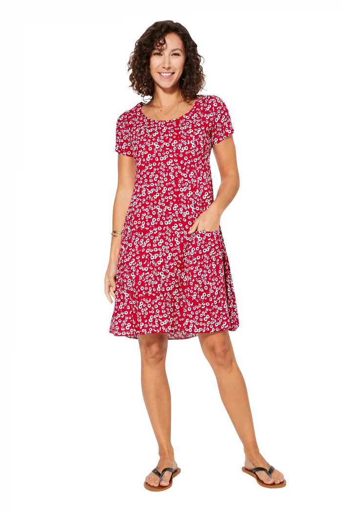 Robe courte évasée Rouge à fleurs blanches - RLIPV0016A – Image 1
