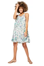 Robe ample courte Blanche fleurie à bretelles à nouer - RLIP0273B