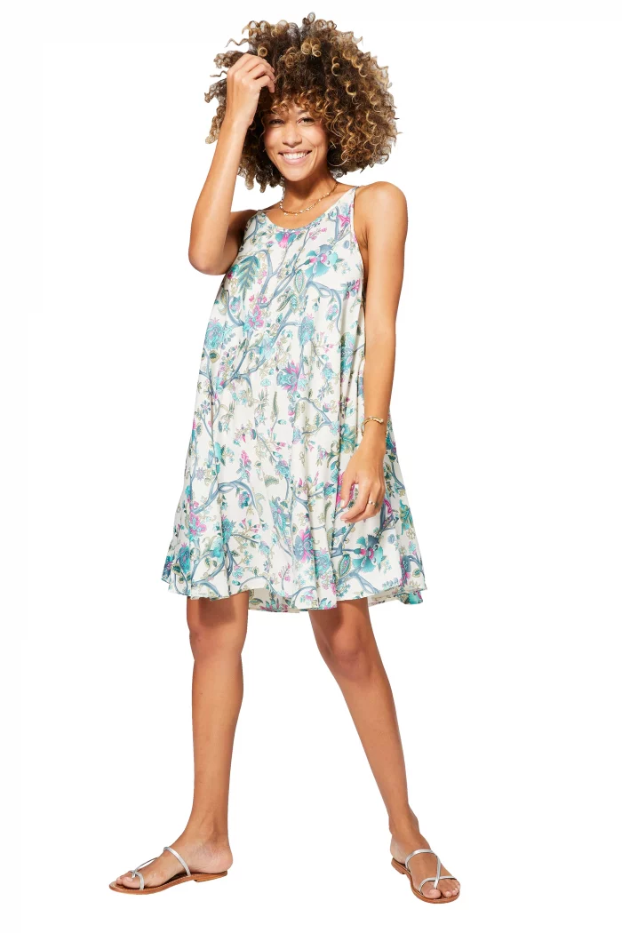 Robe ample courte Blanche fleurie à bretelles à nouer - RLIP0273B – Image 1