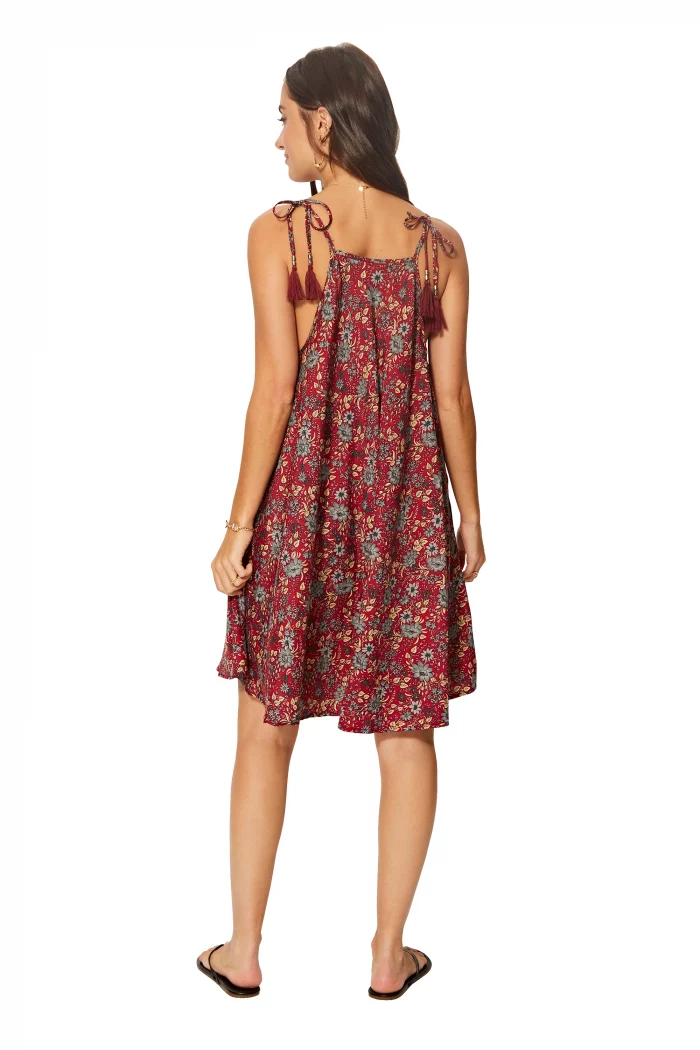 Robe ample courte Rouge fleurie à bretelles à nouer - RLIP0273A – Image 2