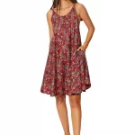 Robe ample courte Rouge fleurie à bretelles à nouer - RLIP0273A