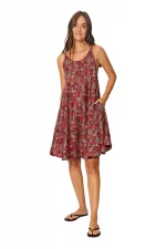 Robe ample courte Rouge fleurie à bretelles à nouer - RLIP0273A