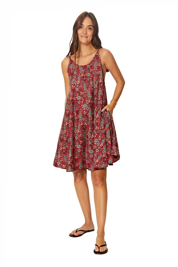 Robe ample courte Rouge fleurie à bretelles à nouer - RLIP0273A – Image 1