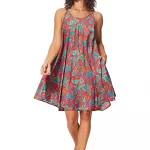 Robe ample courte Rouge et turquoise à bretelles à nouer - RLIP0273D