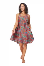 Robe ample courte Rouge et turquoise à bretelles à nouer - RLIP0273D