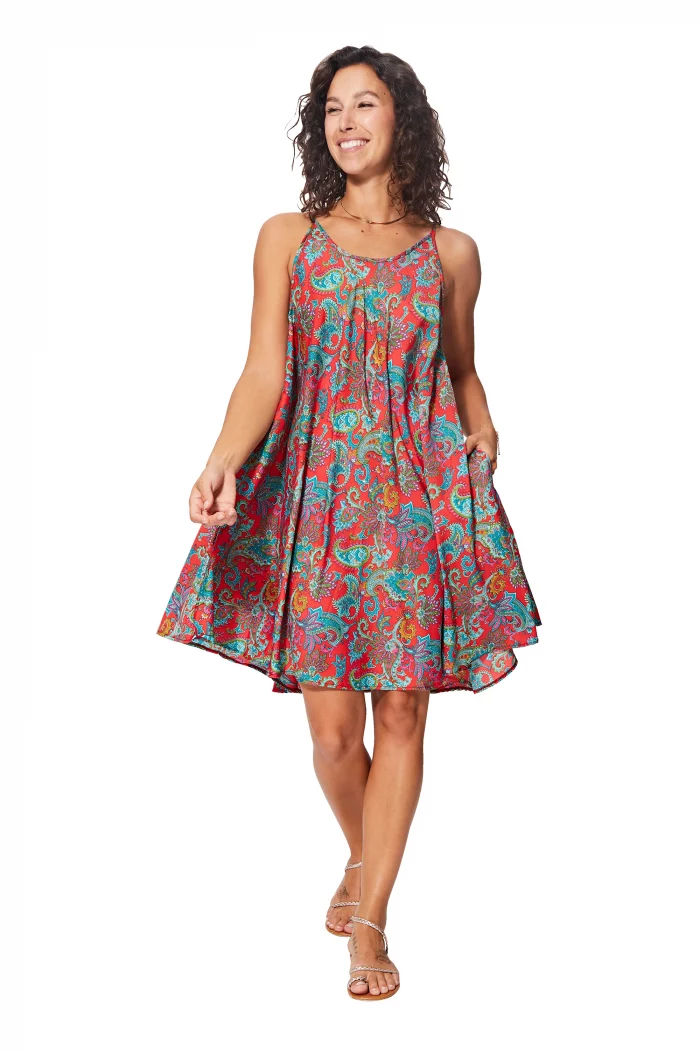 Robe ample courte Rouge et turquoise à bretelles à nouer - RLIP0273D – Image 1