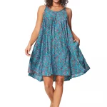 Robe ample courte Turquoise fleurie à bretelles à nouer - RLIP0273C