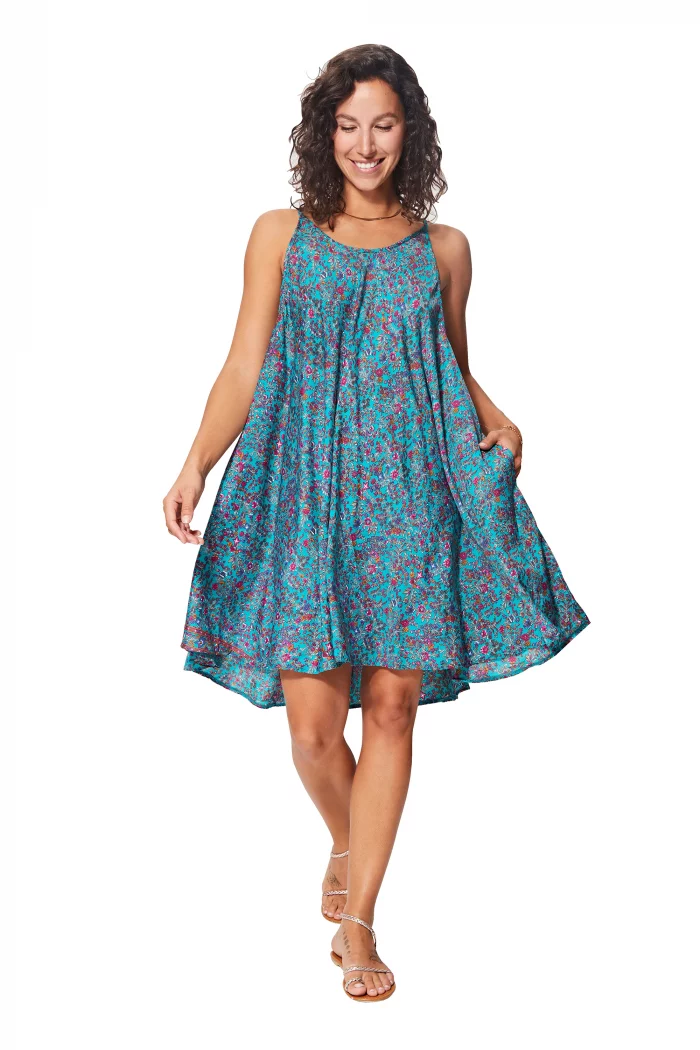 Robe ample courte Turquoise fleurie à bretelles à nouer - RLIP0273C – Image 1