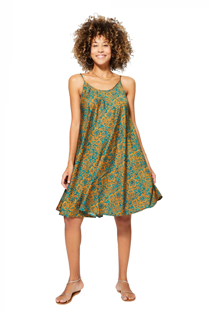 Robe ample courte Turquoise et jaune à bretelles à nouer - RLIP0273F – Image 1