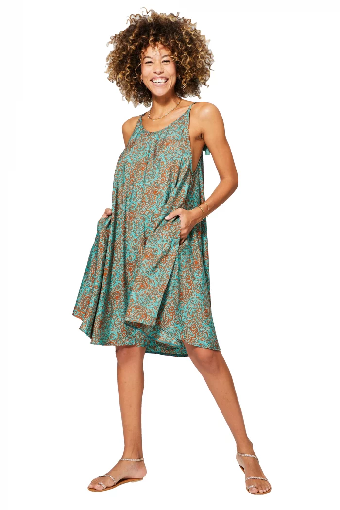 Robe ample courte Turquoise et orange à bretelles à nouer - RLIP0273E – Image 1