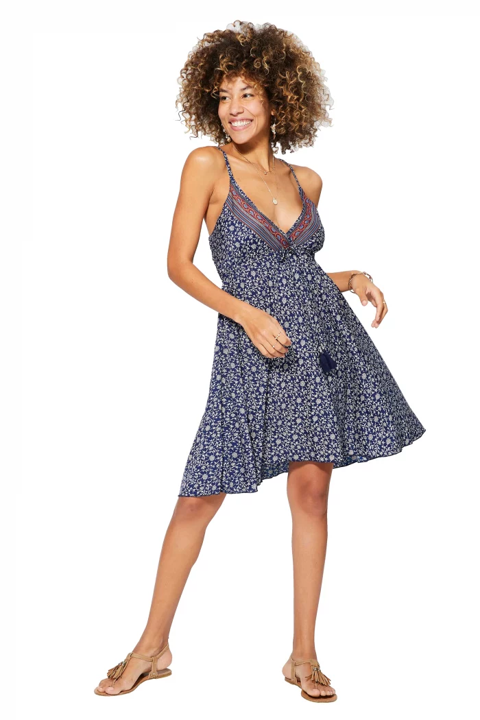 Petite Robe d'été à bretelles Bleu marine à fleurs blanches - RLIP0280A – Image 1