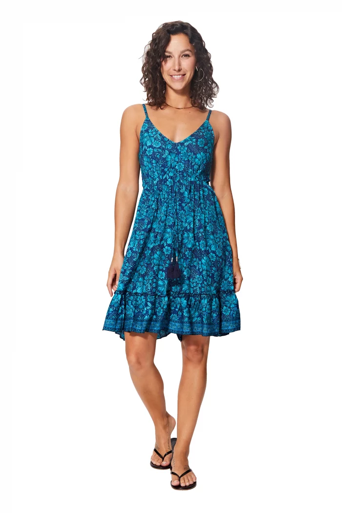 Robe courte évasée Bleue bohème à fleurs - RLIP0276A – Image 1